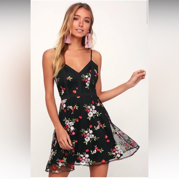 Lulu’s Favorite Fleur Black Mesh Floral Embroidered Skater Dress Sz L NWT - Picture 3 of 15